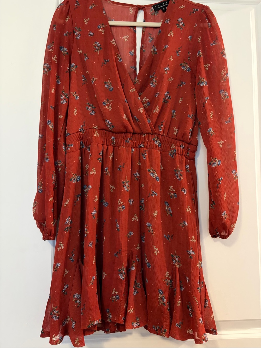 Rust Floral Long-Sleeve V-Neck Dress